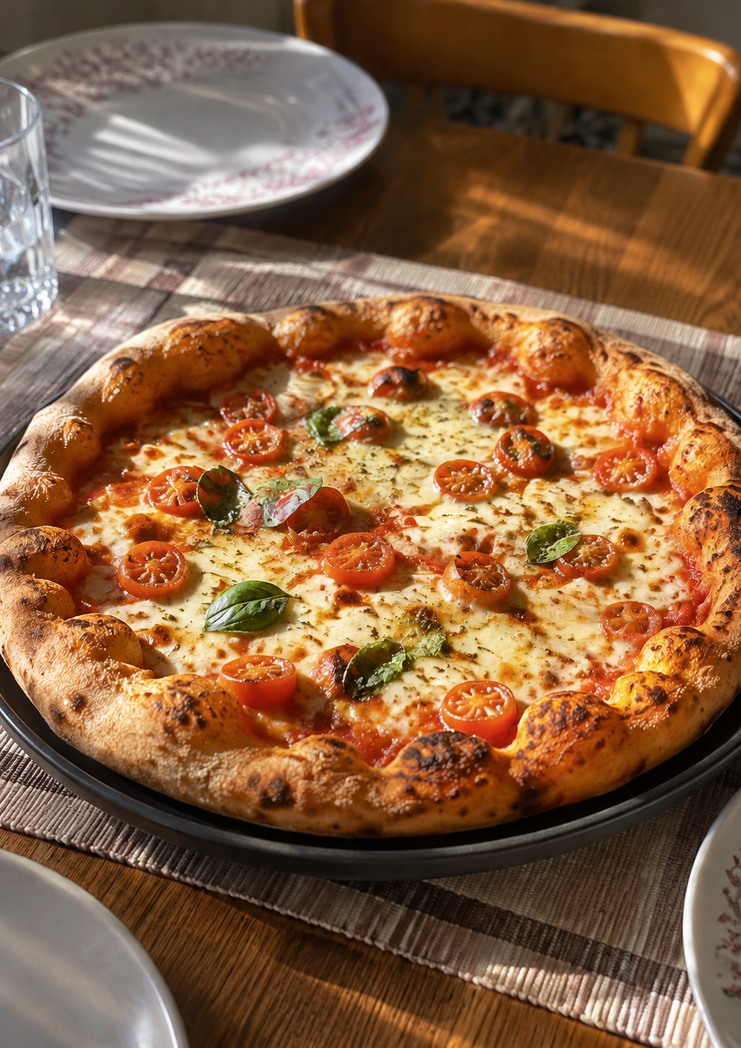 Pizza margherita assada, com borda dourada