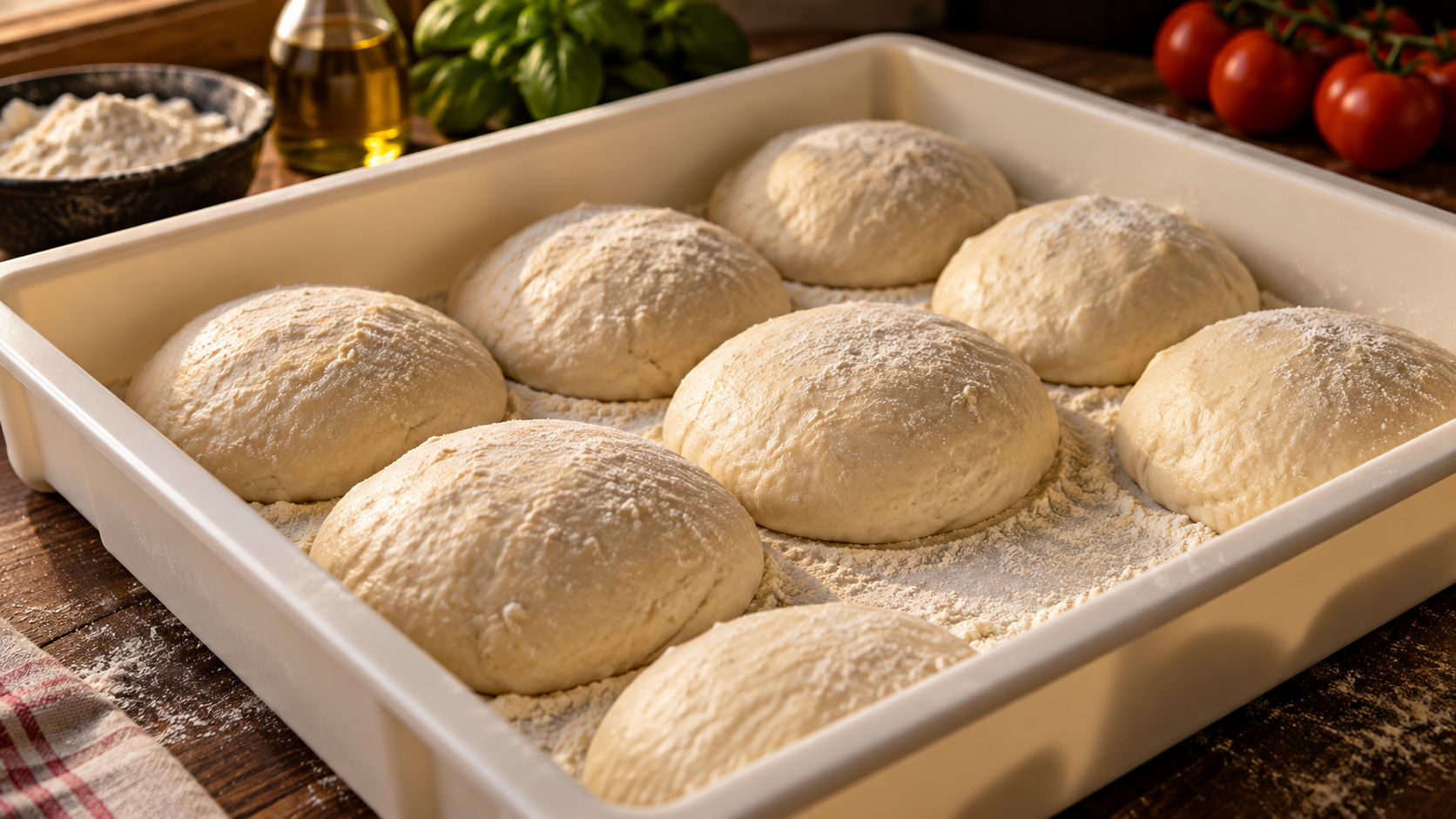 Bolas de massa em descanso, polvilhadas de farinha