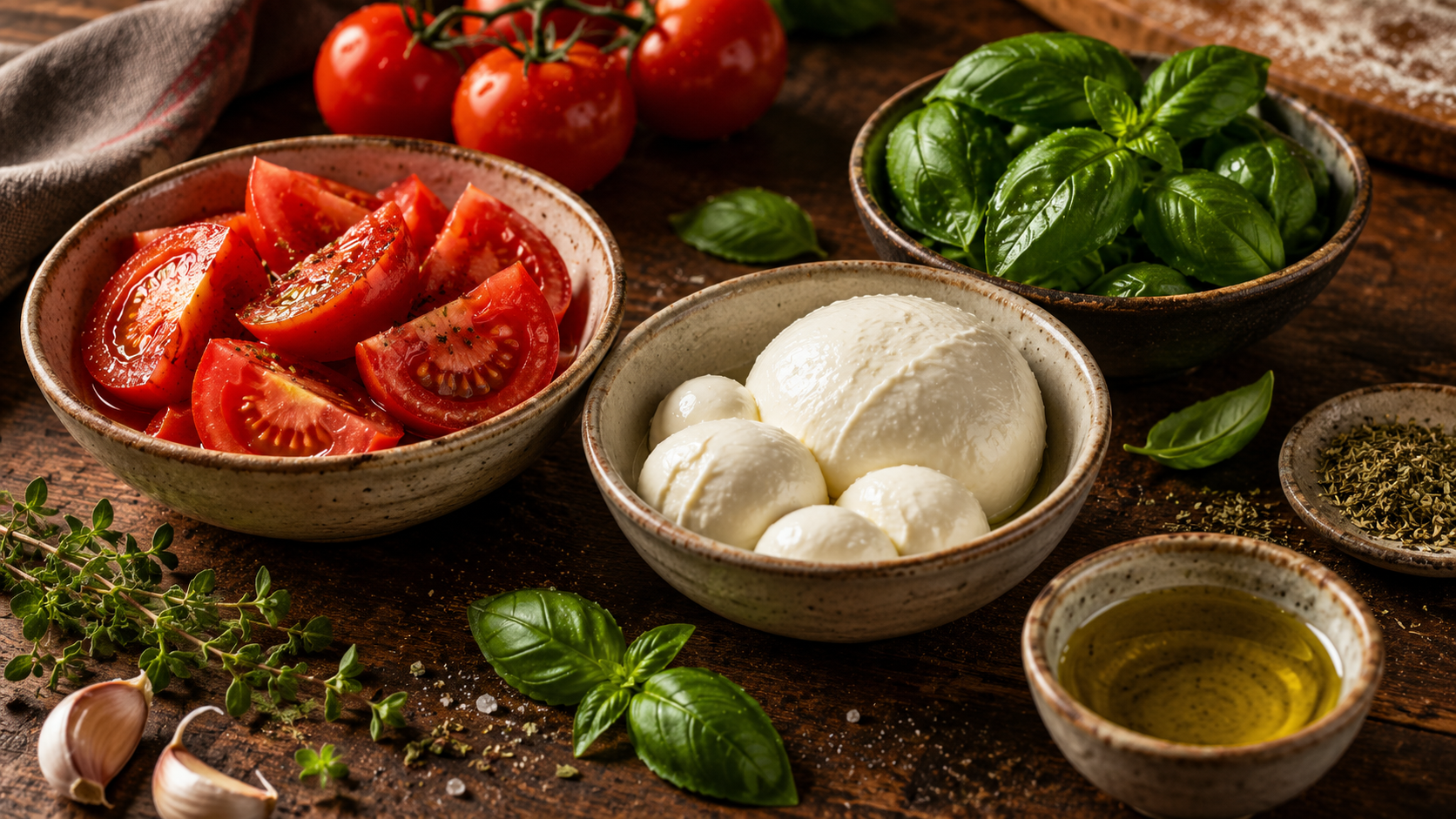 Tomate, muzarela de bufala e manjericao fresco em tigelas
